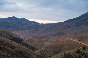 Beautiful off-road trail canyon among mountains. The road to Bartogay reservoir from Assy plateau.