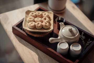 A set of tea and Roasted Mitarashi Dango with the sweet sauce, one of the most popular Japanese...
