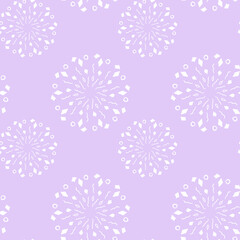 Seamless pattern with white geometric symmetrical floral ornament on a pastel lilac background. Cute template for fabric, baby clothes, textiles, wrapping paper and other decorations. 