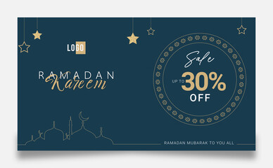 Ramadan Kareem promotional banner template with gold ornament, mosque for Islamic celebration. sale greeting poster or card design