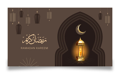 Ramadan Kareem Banner template with gold ornament, crescent for celebration. Islamic greeting poster, card design