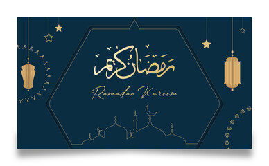 Ramadan Kareem Banner template with gold ornament, mosque for celebration. Islamic greeting poster, card.