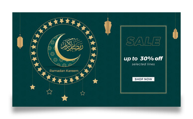 Ramadan Kareem sale Banner template. Traditional muslim holiday shopping banners with golden ornament, lamp and crescent for celebration. Islamic greeting poster, card.