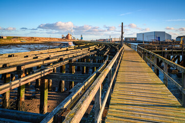 Walkway on the Blyth Coal Staithes, which are of traditional timber construction and allowed coal to be loaded directly into ships, located on the River Blyth in Northumberland