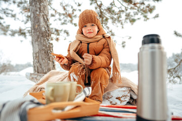 LIttle boy on a picnic in winter forest