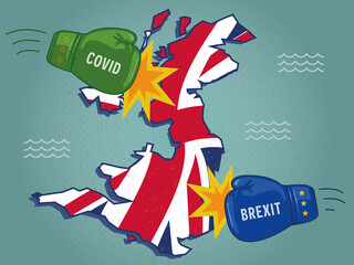UK map being hit by boxing gloves representing impact of Covid and Brexit.