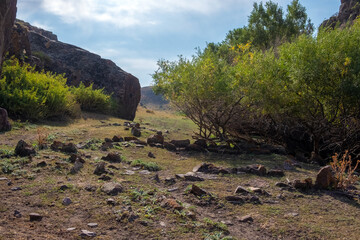 The ancient buildings ruins of Saka civilization in Degeres mountains in Almaty region.