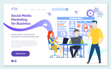 People work with customer profile advertising vector illustration. Business site promotion, optimization, increase efficiency of website. Employees working with social media marketing for business