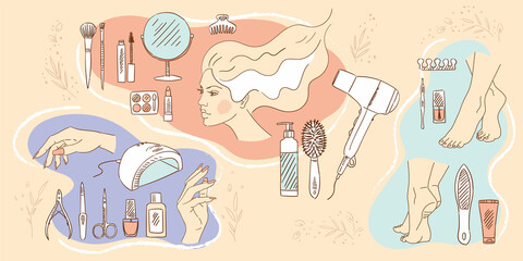 Collection of beauty accessories, silhouettes of women's faces, hands and foots. Mirror, hair dryer, bottles, combs, lipstick, scissors, manicure lamp, nail polish. Image for a beauty salon.
