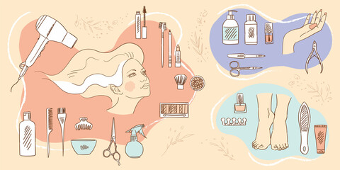Collection of beauty accessories, silhouettes of women's faces, hands and foots. Hair dryer, bottles, combs, lipstick, scissors, nail polish, powder, mascara. Image for a beauty salon.