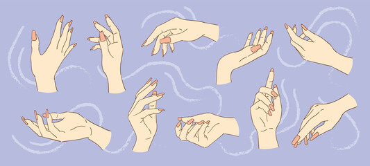 Colorful sketches collection of woman's hands with pink nails on a blue background. Image for a beauty salon. Vintage illustration, hand-drawn, vector. Fashion illustration. Hands gestures.