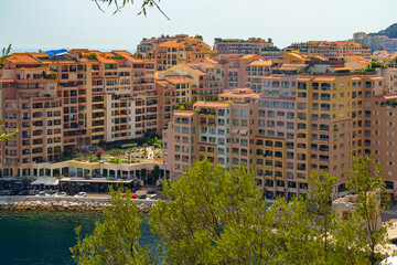 Panoramic aerial view of Fontvieille - district of Monaco-Ville.Luxury yacht moored in the bay of Monaco, France . Principality of Monaco is a sovereign city state, located on the French Riviera 