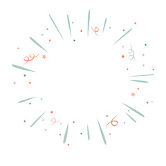 Doodle burst splash in vintage style on white background. Congrats round frame. Vector hand drawn sketch illustration, pastel colors. Line sparkle explosion