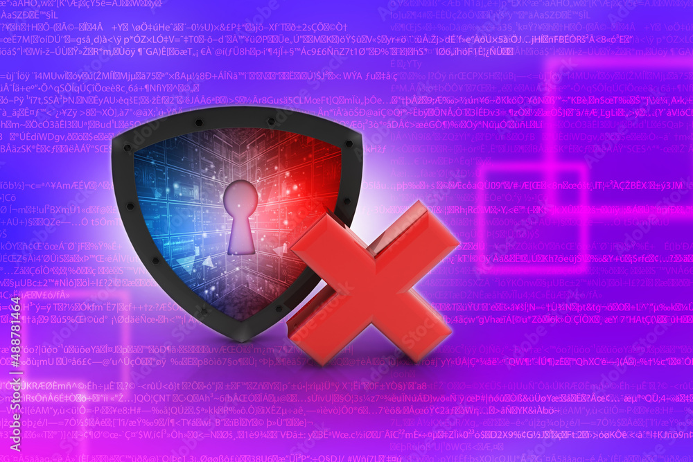 Poster 3d rendering no x cross mark sign over a shield