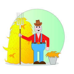 A happy farmer in a red shirt and blue overalls against the background of a haystack holds a pitchfork in his hands