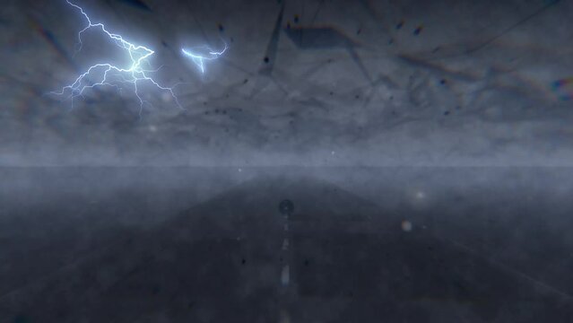 Abstract seamless loop of driving on a road during a storm with abstract low poly style clouds and lightning strikes in the sky. Visual jockey loops, presentation, titles