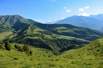 landscape of green mountains in spring with snowy peaks with blue sky and clouds and houses in the distance in spring in central asia kyrgyzstan