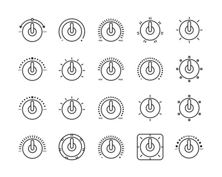 Set of vector icons on theme Control Panel, Mode Control. Icon Selector, Switch, Programmer. Power, Balance, Level, Heat-Cold mode selection. For Internet, Design, Home Appliances, Electronics.