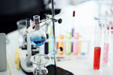Glass beaker, tubes and bottles, tools for laboratory experiment, Medical research, science concept.