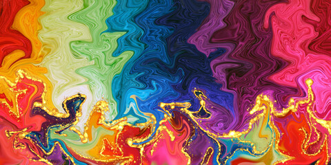 Rainbow marble abstract watercolor bacground. Alcohol brush texture, glitter dust ink, fluid pattern, kintsugi art style - 488782092
