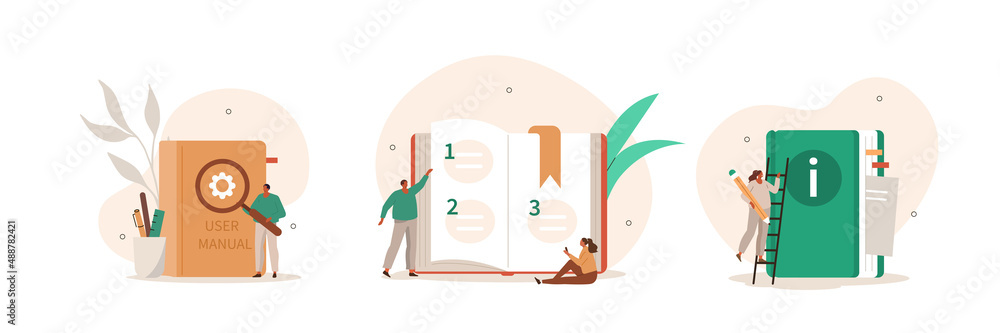 Poster user manual illustration set. people characters reading and writing privacy policy and terms and con