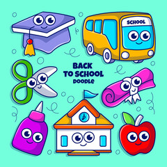 Doodle Back to school elements with colored hand drawn cartoon style