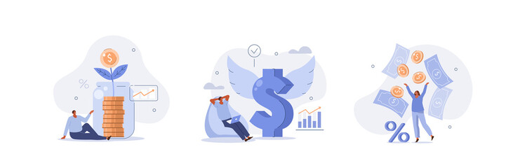 Passive income illustration set. Characters enjoying financial freedom and independence. Successfully and free of debts people planning budget. Vector illustration.
