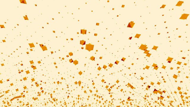 Levitating and springing up randomly bright particles. Design. Geometric and abstract background with randomly moving orange 3D objects on a beige background.