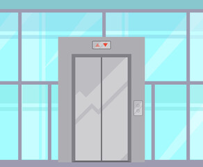 Elevator with closed gates, buttons and stage number panel. Lift for transporting people between floors. Iron elevator in modern residential or office building. Lifting mechanism in passenger vehicle