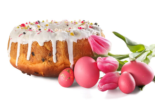 Tasty Easter cake with eggs and flowers on white background