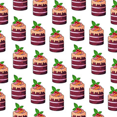 Illustration raster seamless pattern brown color cake pieces on white isolated background. High quality illustration