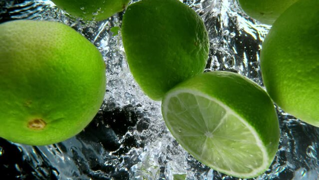 Fresh limes falling into water, super slow motion filmed on high speed cinematic camera at 1000 fps.
