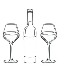A bottle of wine and 2 wine glasses. Coloring book for adults. Black and white vector illustration.