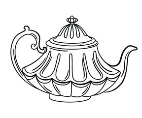 Kettle. Cute vintage teapot. Coloring book for adults and children. Black and white vector illustration.