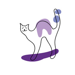 Funny hand drawn cat. Playful kitten and abstract modern shapes in very peri color isolated on white background.