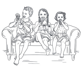 Children with ice cream. Macaroons. Coloring book for adults and children. Children eat ice cream. Black and white vector illustration.