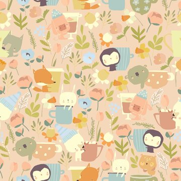 Seamless Pattern with Little Animal, Cute Cups and Flowers
