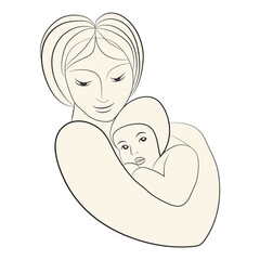 Maternal silhouette with child in her arms. Beautiful woman and her baby. Mother carefully hugs babbie. Spiritual connection between mummy and child. Hand drawing for celebrate Happy Mother's Day.