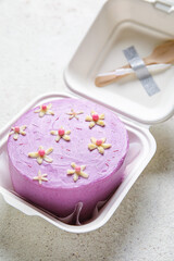 Plastic lunch box with tasty bento cake on light background, closeup