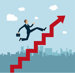 un homme d'affaires gravit les marches d'un escalier qui mène à la réussite financière et à la réussite de sa carrière. L'escalier forme de flèche monte vers le haut. La ville est en arrière plan - obrazy, fototapety, plakaty