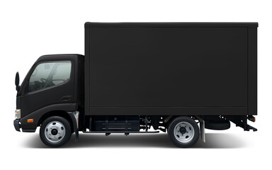 Small and all black modern delivery truck with box body. Side view isolated on white background.