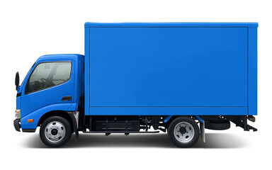 Small and all blue modern delivery truck with box body. Side view isolated on white background.