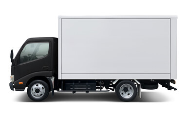 Small modern delivery truck with black cab and white box body. Side view isolated on white...