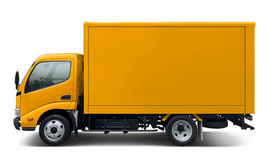 Small and all yellow modern delivery truck with box body. Side view isolated on white background.