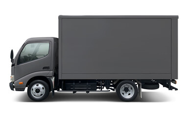 Small and all gray modern delivery truck with box body. Side view isolated on white background.