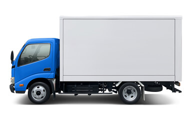 Small modern delivery truck with blue cab and white box body. Side view isolated on white...