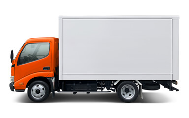 Small modern delivery truck with orange cab and white box body. Side view isolated on white background.