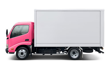 Small modern delivery truck with pink cab and white box body. Side view isolated on white background.