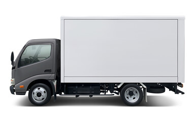Small modern delivery truck with gray cab and white box body. Side view isolated on white background.