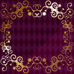 高級感のあるオーナメントの背景　正方形　パープル＆ゴールドフラワー　ダイヤパターン